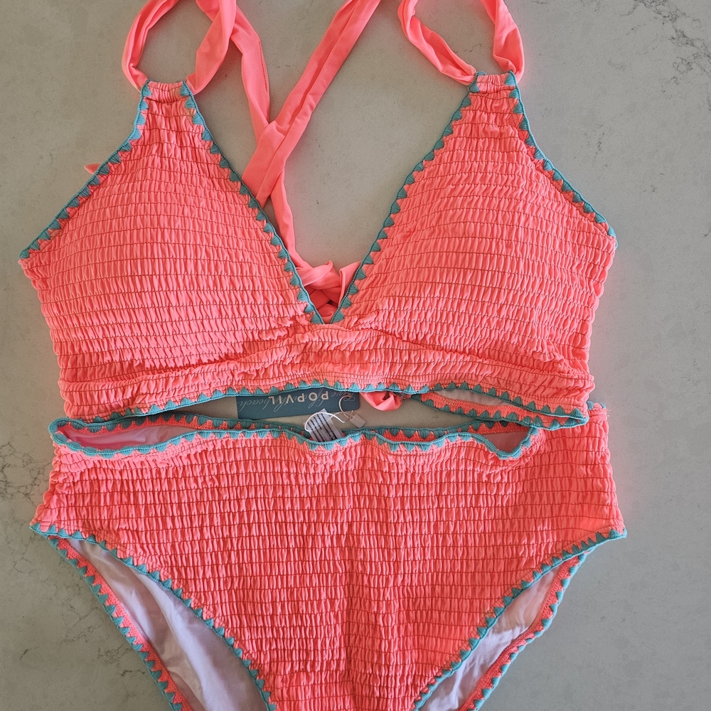 New! Poppi Neon Coral Smocked Bikini with Teal Trim